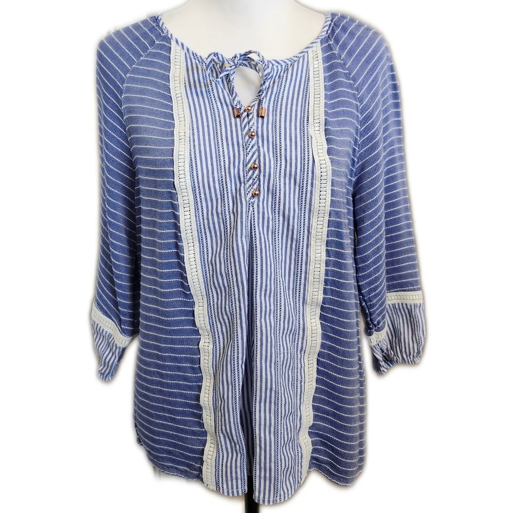 Ivanka Trump 100% Rayon Blue & White Striped Tie Neck Blouse, M